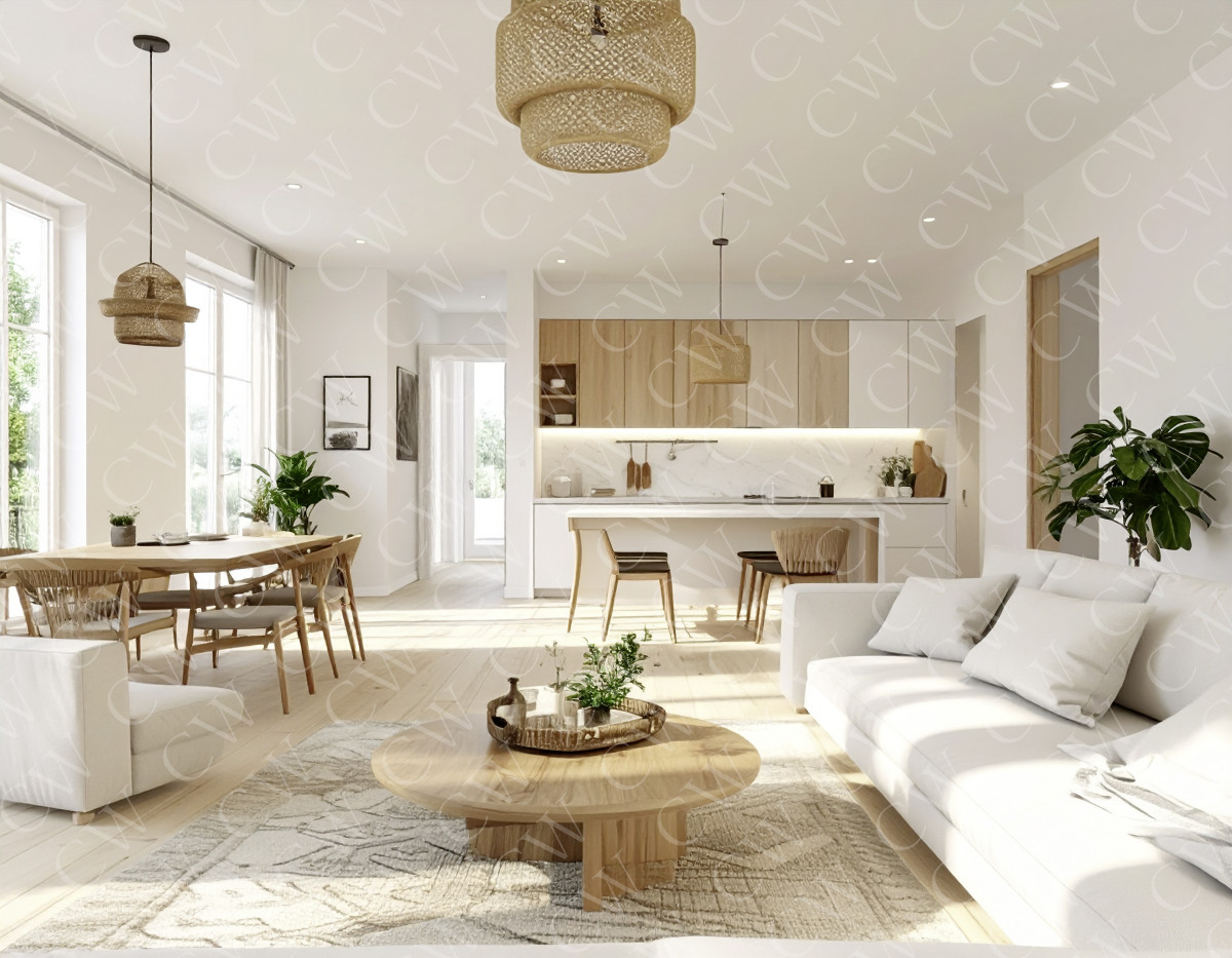 Helles Wohnzimmer mit offener Küche, Essbereich und skandinavischer Einrichtung.