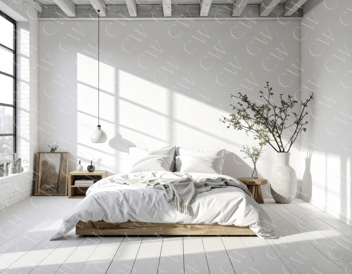 Helles Schlafzimmer mit Holzrahmenbett, großen Fenstern und minimalistischer Dekoration.