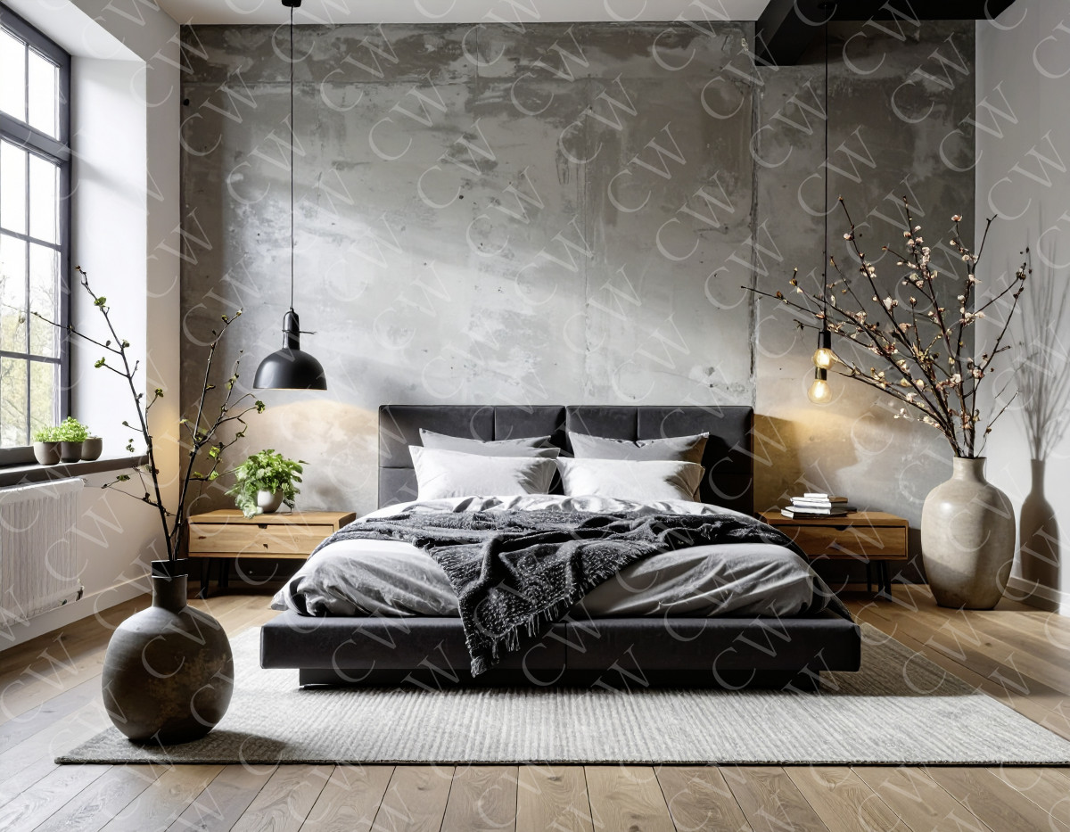 Modern eingerichtetes Schlafzimmer mit Betonwand, großen Vasen und gemütlichem Bett.