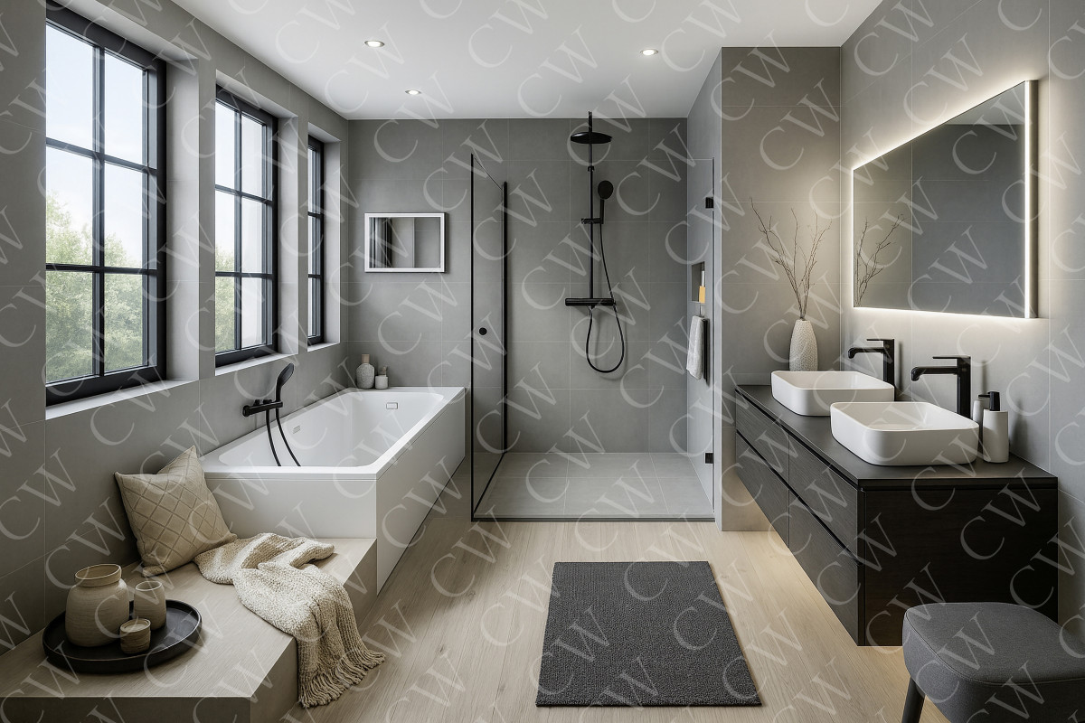 Helles, modernes Badezimmer mit großer Dusche, Badewanne und Doppelwaschtisch