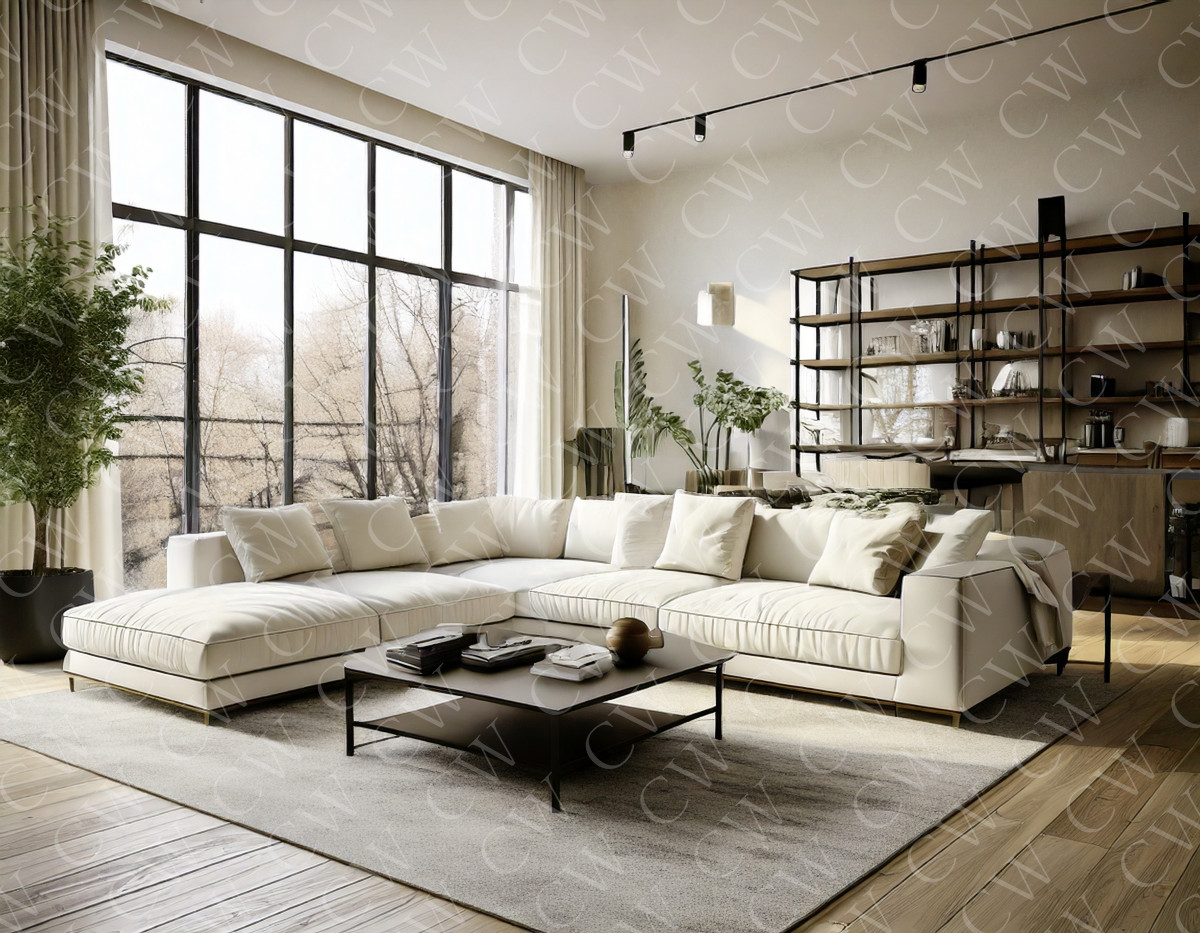 Helles Wohnzimmer mit großem weißen Ecksofa, Teppich, Couchtisch und bodentiefen Fenstern.