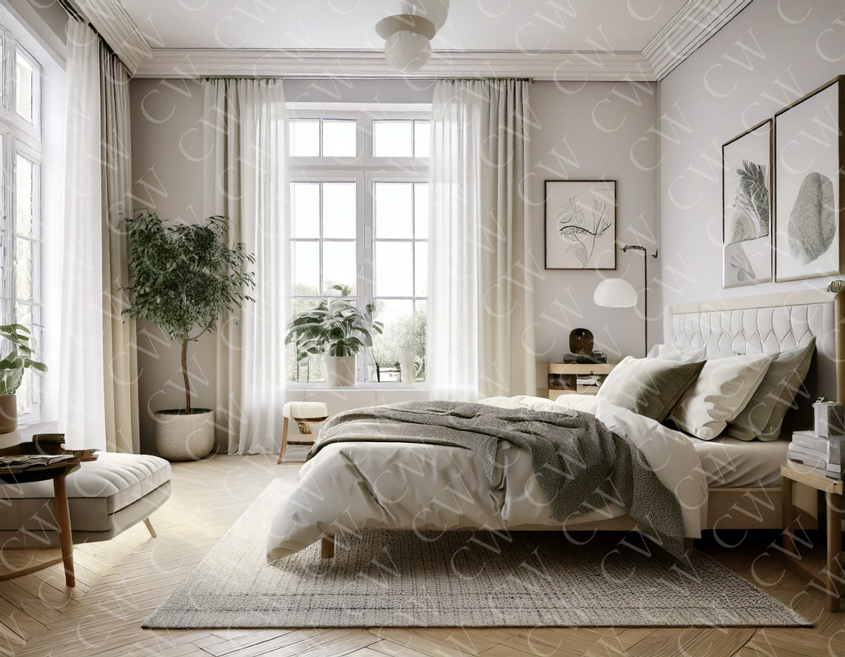 Modern eingerichtetes Schlafzimmer mit großen Fenstern, Pflanzen und hellen Farben.