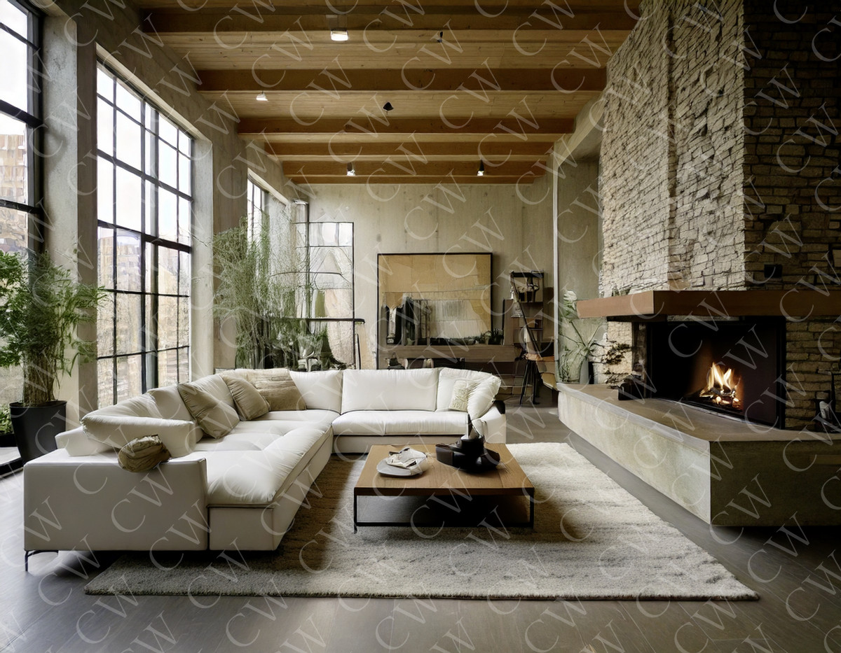 Helles Wohnzimmer mit großem Sofa, Kamin, Holzbalken und großen Fenstern.