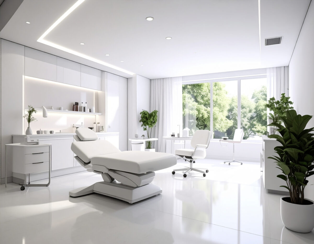 Helles, modern eingerichtetes Behandlungszimmer mit Liege und großen Fenstern.