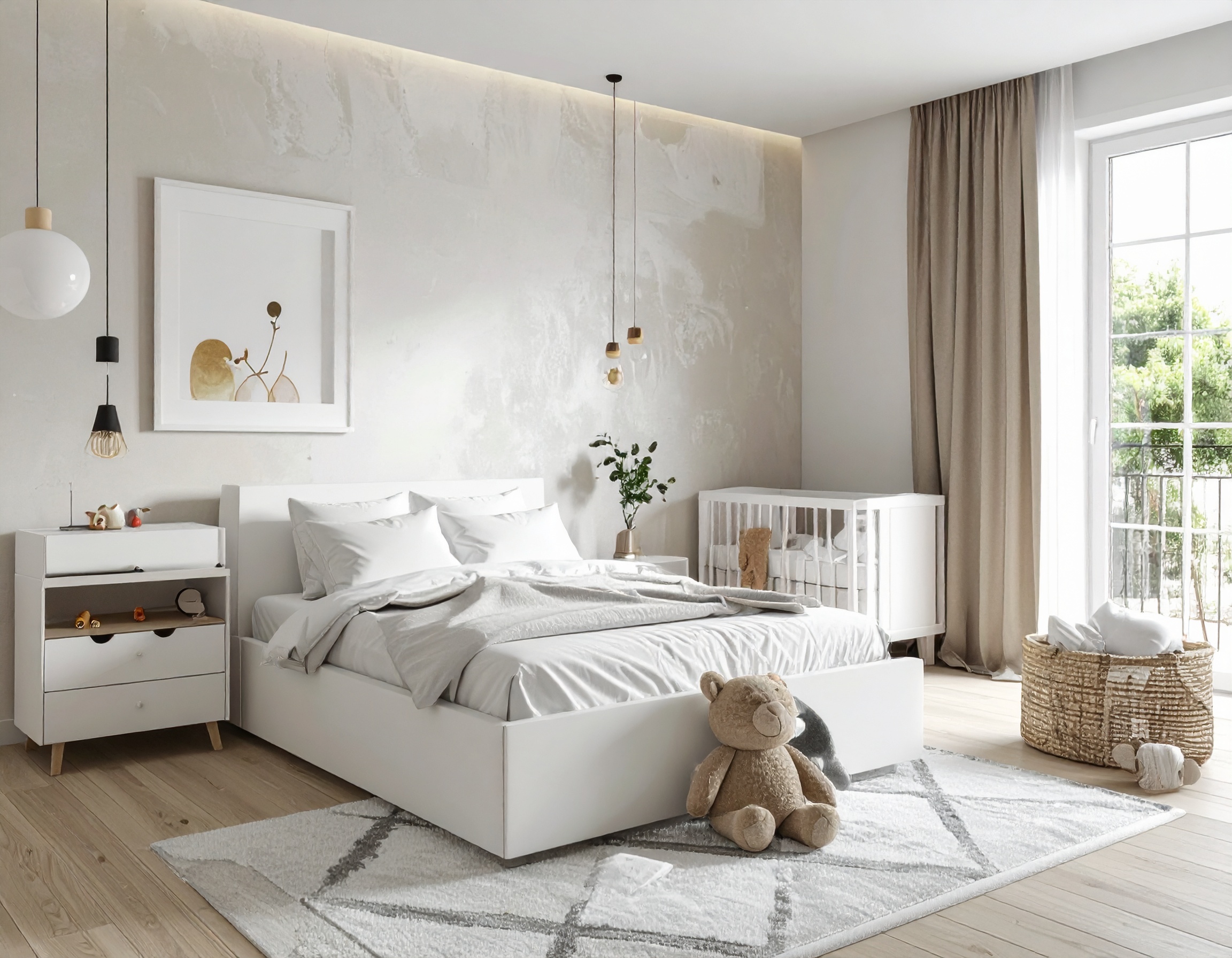 Helles Schlafzimmer mit Doppelbett, Babybett, Kommode und Plüschteddy auf hellem Teppich.