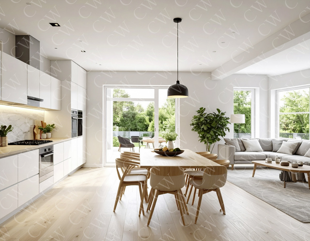 Helle, moderne Wohnküche mit Essbereich, Wohnzimmer und großen Fenstern.