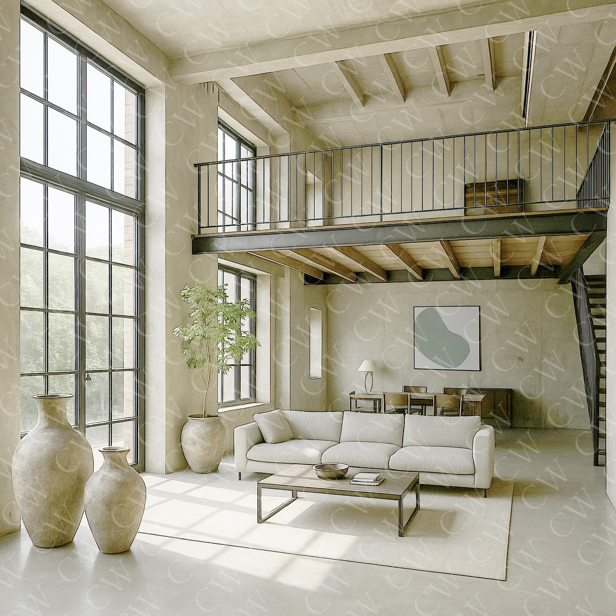 Helles Loft-Wohnzimmer mit Sofa, Galerie, großen Fenstern und minimalistischer Einrichtung.