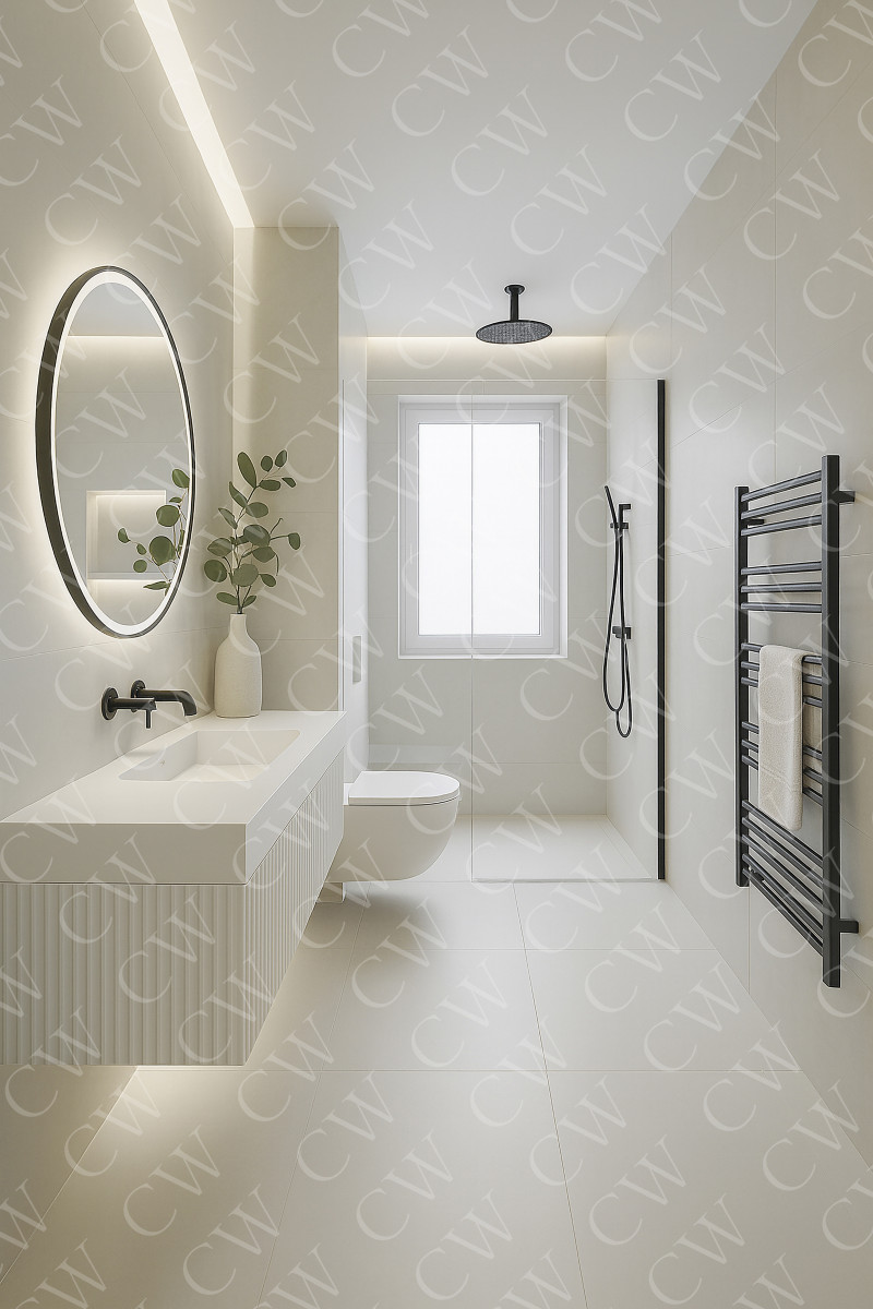 Helles, modernes Badezimmer mit Regendusche, Rundspiegel und Handtuchheizkörper.