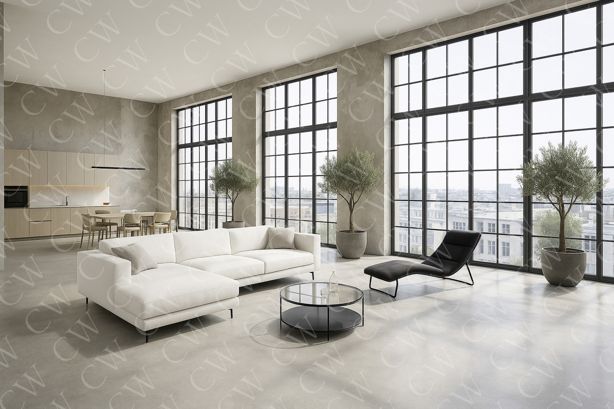 Helles Loft-Wohnzimmer mit großer weißer Couch, Lounge-Stuhl, runden Couchtisch und bodentiefen Fenstern.