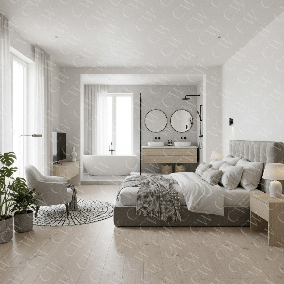 Helles, modernes Schlafzimmer mit integriertem Badezimmer, Doppelbett und freistehender Badewanne.