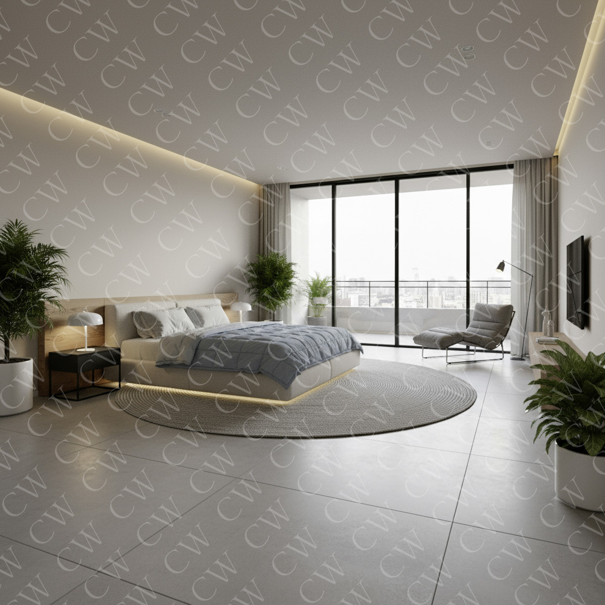 Helles, modernes Schlafzimmer mit großem Fenster, Doppelbett, Sessel und Zimmerpflanzen.