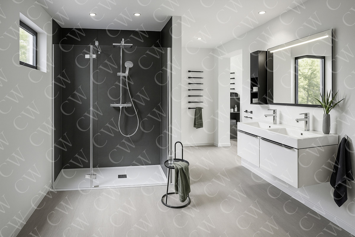 Helles, modernes Badezimmer mit bodengleicher Dusche, Doppelwaschtisch und großem Spiegel.