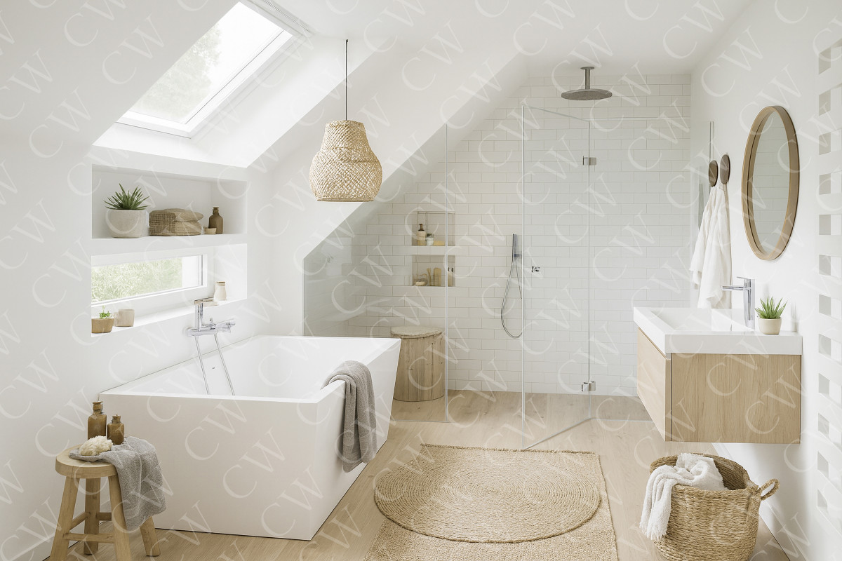 Helles, modernes Badezimmer mit freistehender Badewanne, begehbarer Dusche und Holzakzenten unter einer Dachschräge.