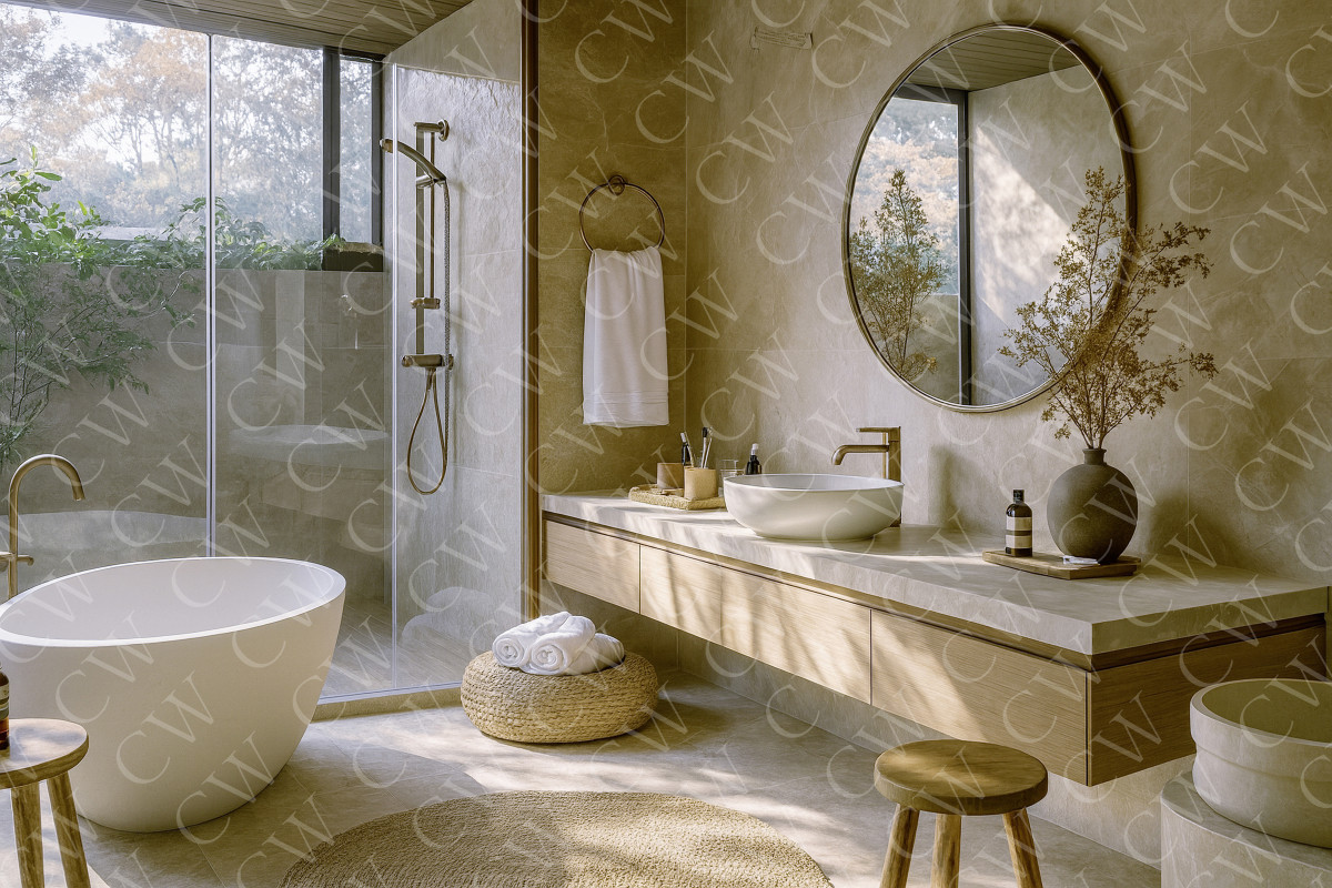 Helles, modernes Badezimmer mit freistehender Badewanne, Rundspiegel und großer Fensterfront.