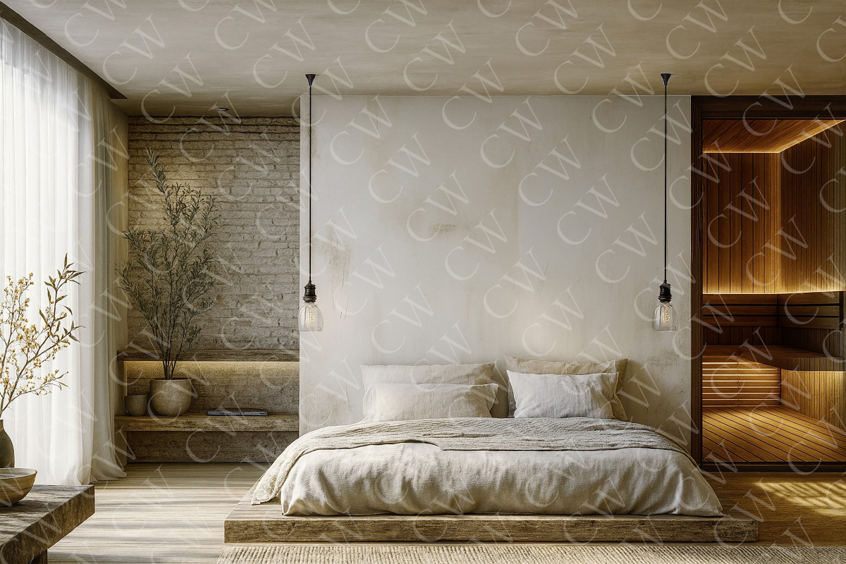 Helles Schlafzimmer im skandinavischen Stil mit Holzdetails und angrenzender Sauna.