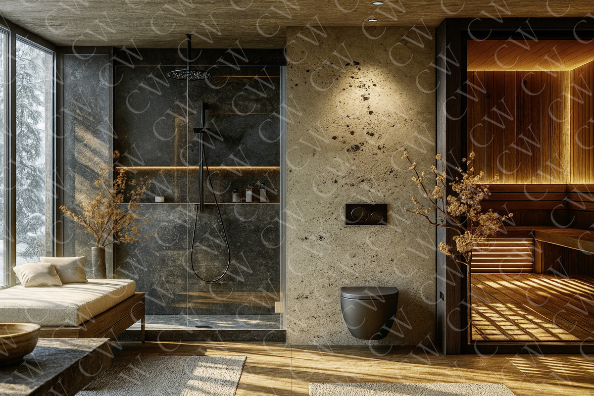 Hochwertiges Badezimmer mit Regendusche, Sauna, WC und Liege in natürlichem Design.