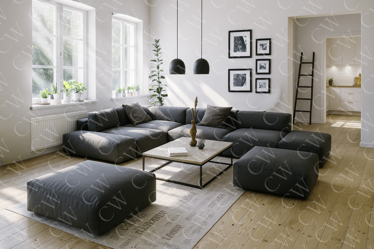 Helles Wohnzimmer mit großem grauen Sofa, Holzboden, vielen Pflanzen und moderner Dekoration.