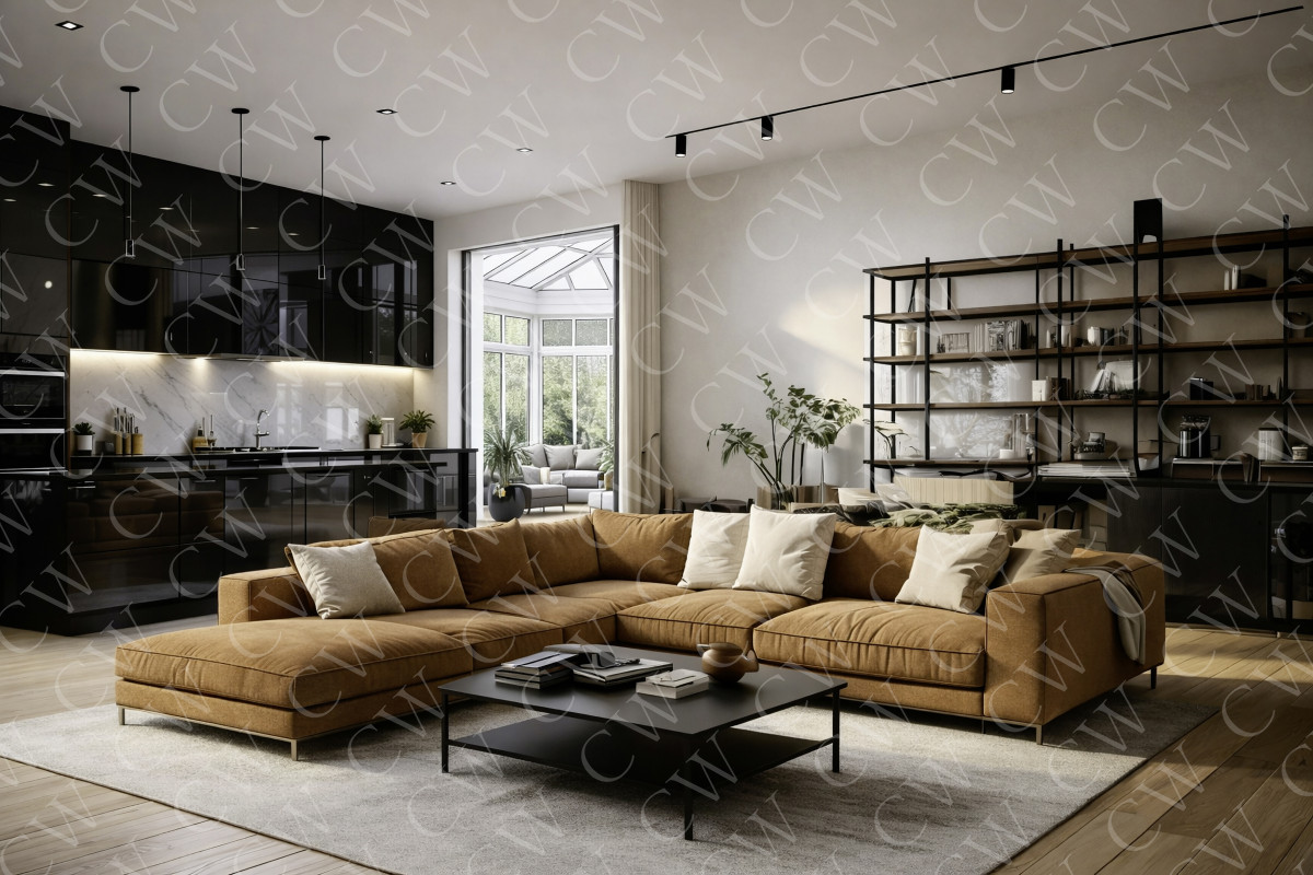 Offenes, modernes Wohnzimmer mit großer, brauner Eckcouch, schwarzer Küche und Bücherregal