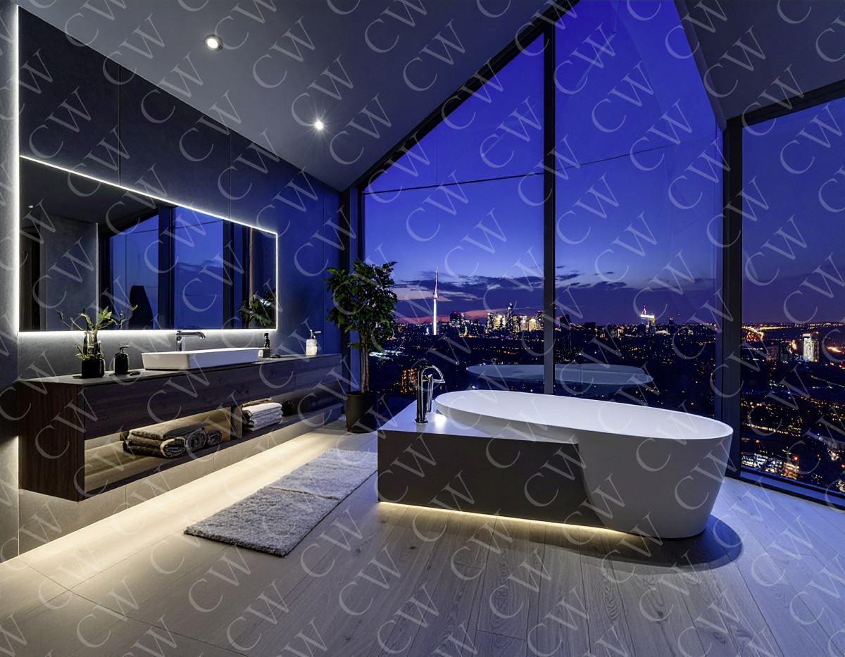 Modernes Badezimmer mit freistehender Badewanne und großem Fensterblick auf die Stadt bei Nacht.