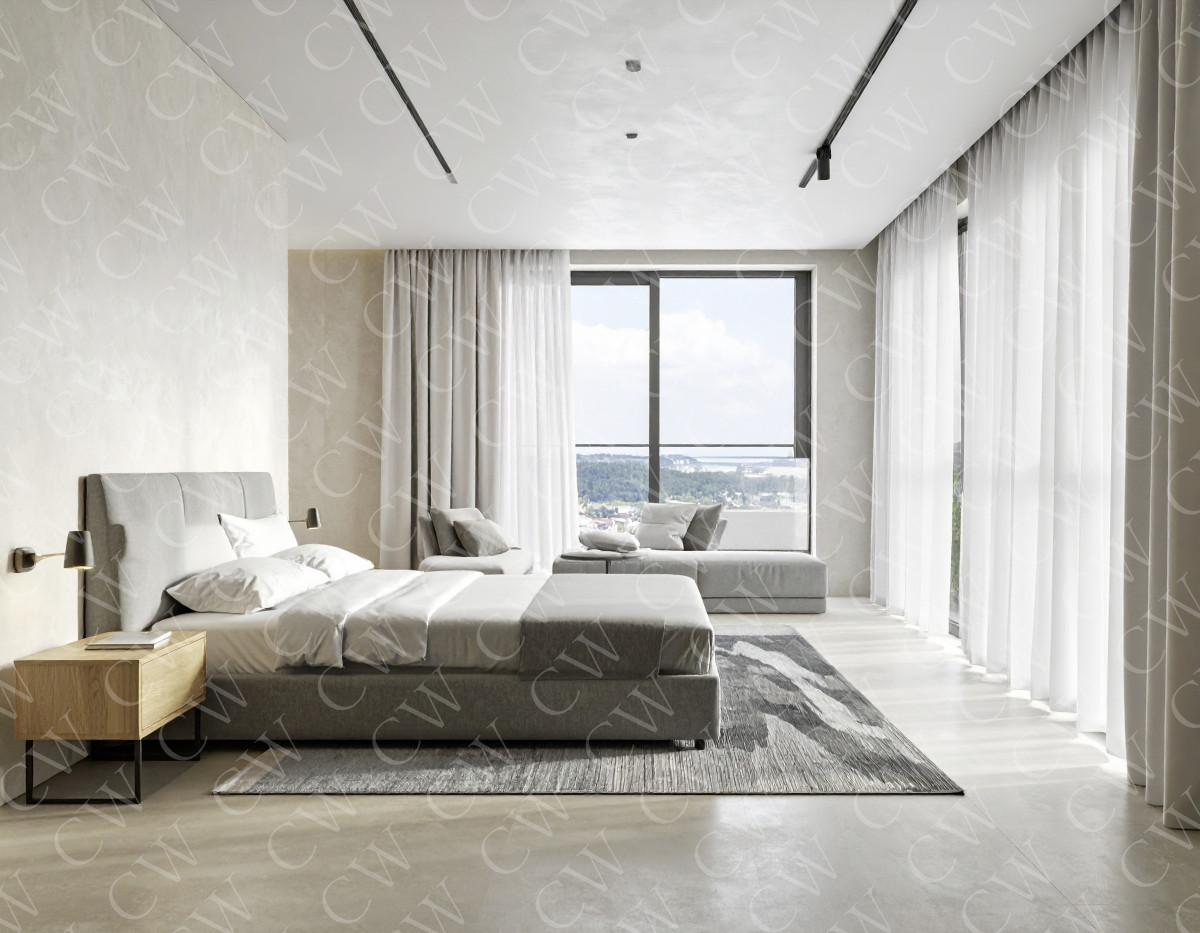 Lichtdurchflutetes, modernes Schlafzimmer mit grauem Bett, Teppich und Panoramafenster.