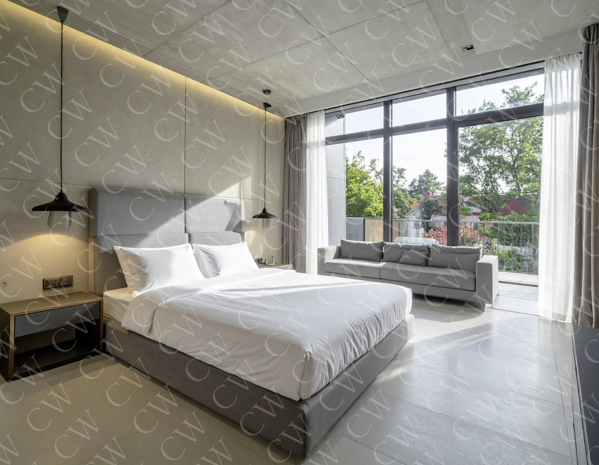 Helles, modernes Schlafzimmer mit Doppelbett, Sofa und großem Panoramafenster.