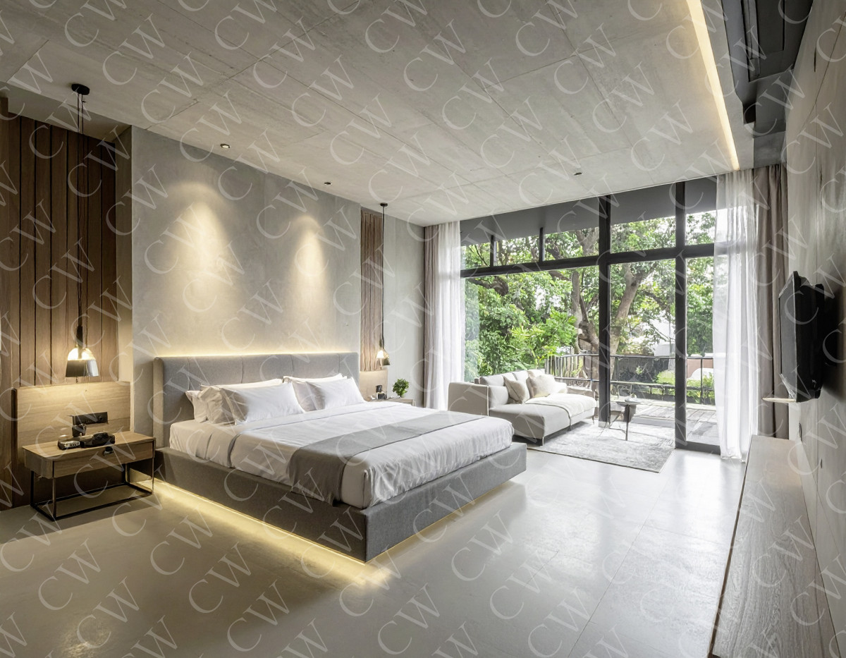 Modern eingerichtetes Schlafzimmer mit Doppelbett, Sofa, großen Fenstern und Blick ins Grüne.