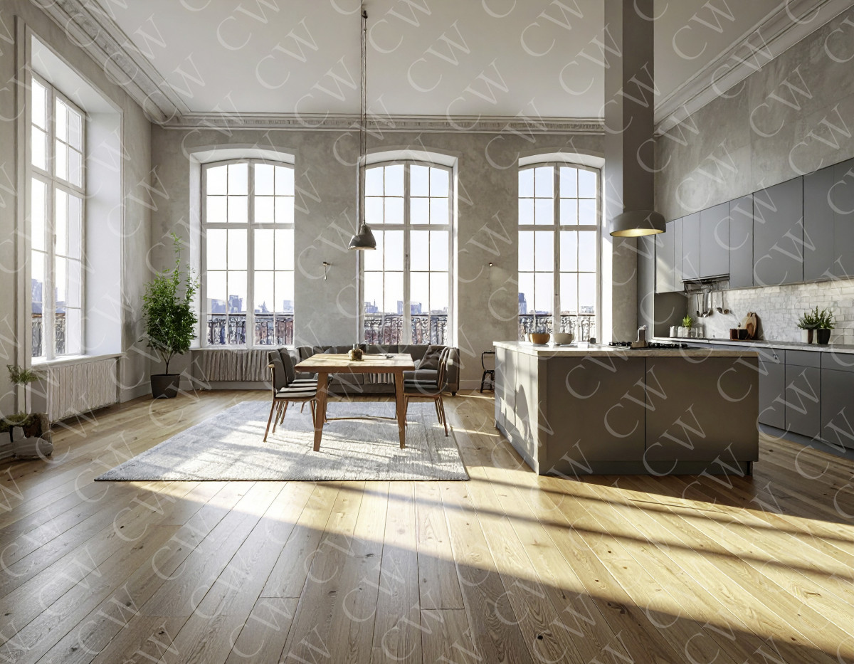 Großzügige, helle Loft-Küche mit modernen Möbeln, Insel und Holzboden