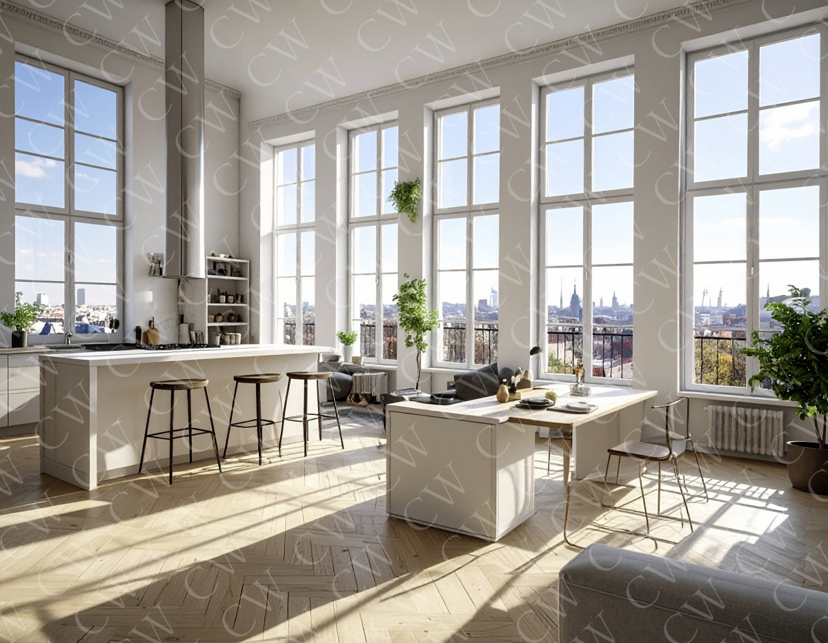 Helle, offene Loftküche mit hohen Fenstern, Kochinsel und Stadtblick.