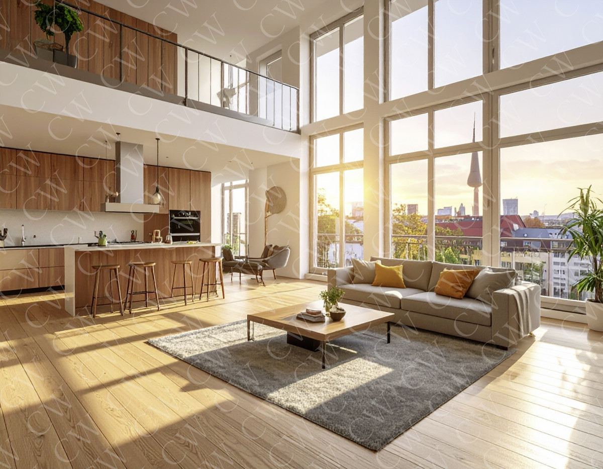 Helles Loft mit offener Küche, Wohnzimmer und großen Fenstern mit Blick auf Berlin