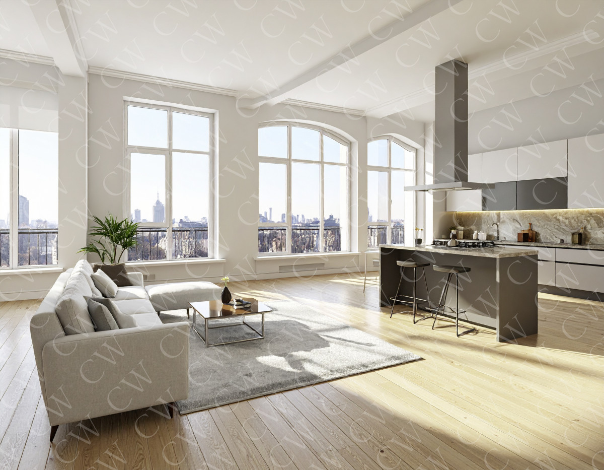 Helles Wohnzimmer mit offener Küche und großen Panoramafenstern in einem modernen Loft.