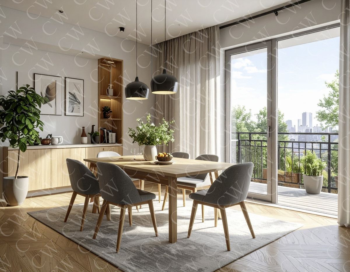 Helles, modernes Esszimmer mit Holzmöbeln, Pflanzen und Balkon mit Stadtblick.