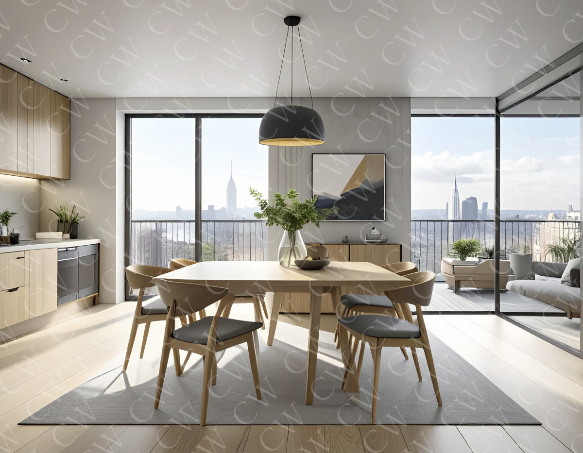 Modern eingerichtetes Esszimmer mit Holzmöbeln und großer Fensterfront mit Stadtblick.