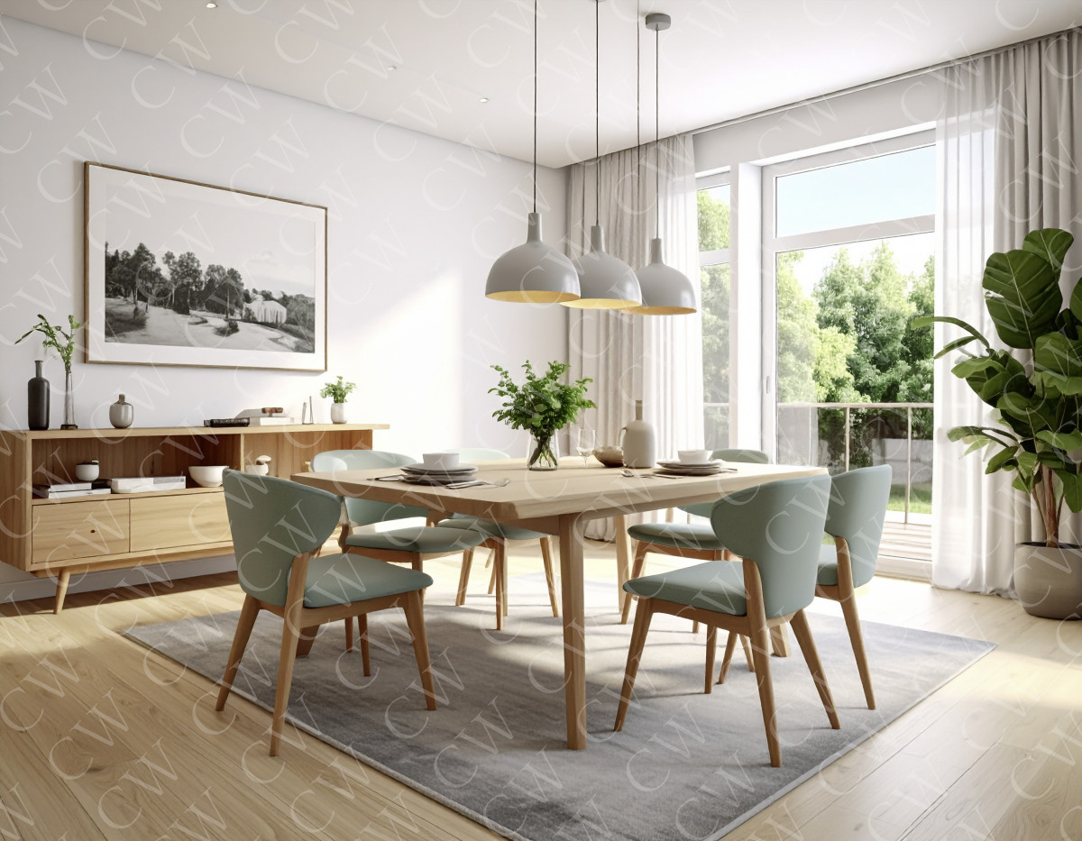 Moderner Essbereich mit Holztisch, pastellfarbenen Stühlen, großer Fensterfront und Pflanzen.