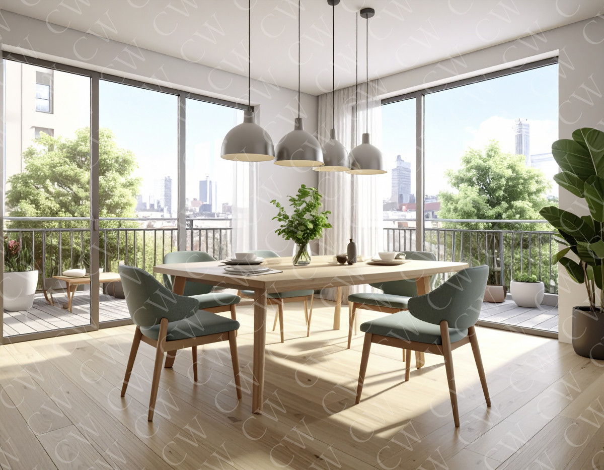 Helles, modernes Esszimmer mit Holztisch, Stühlen und Blick auf die Stadt durch große Fenster.