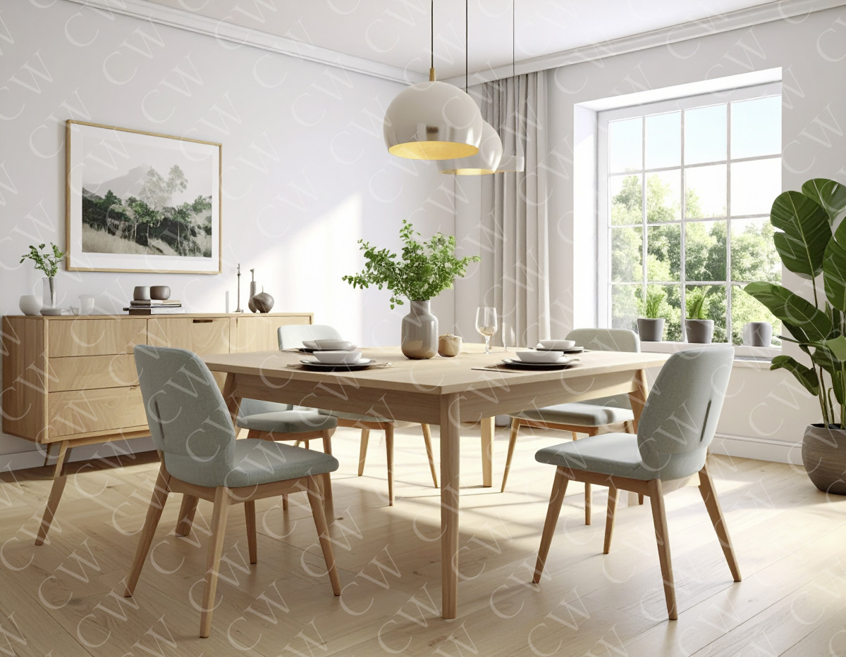 Moderner, skandinavischer Essbereich mit Holztisch, vier Stühlen und großen Fenstern.