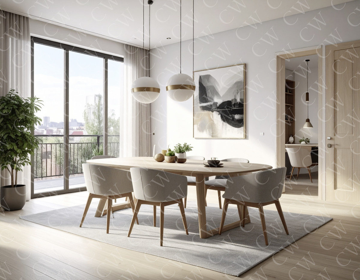 Helles, modernes Esszimmer mit Holztisch, Designerstühlen und großen Fenstern.