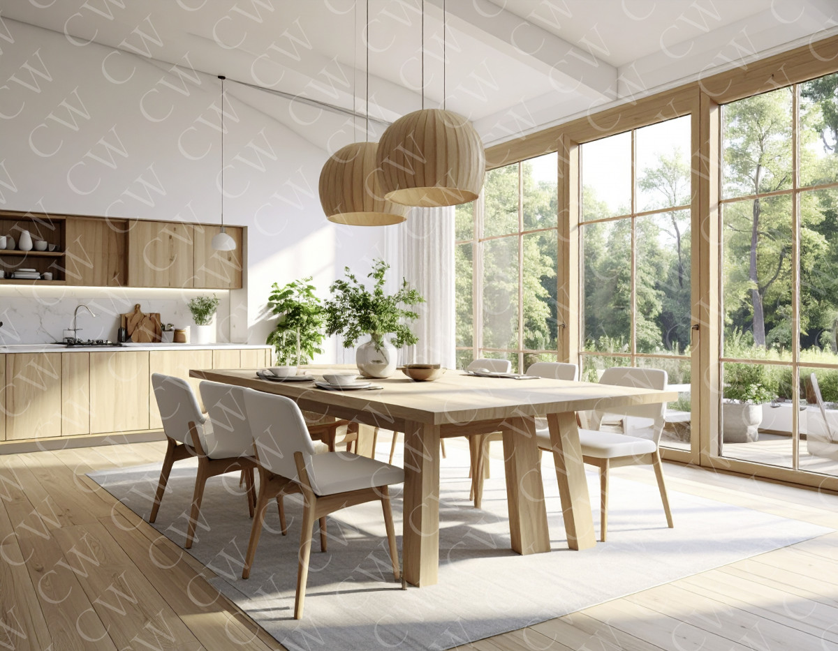 Helles Esszimmer mit großen Panoramafenstern, Holztisch, Stühlen und Pflanzen.