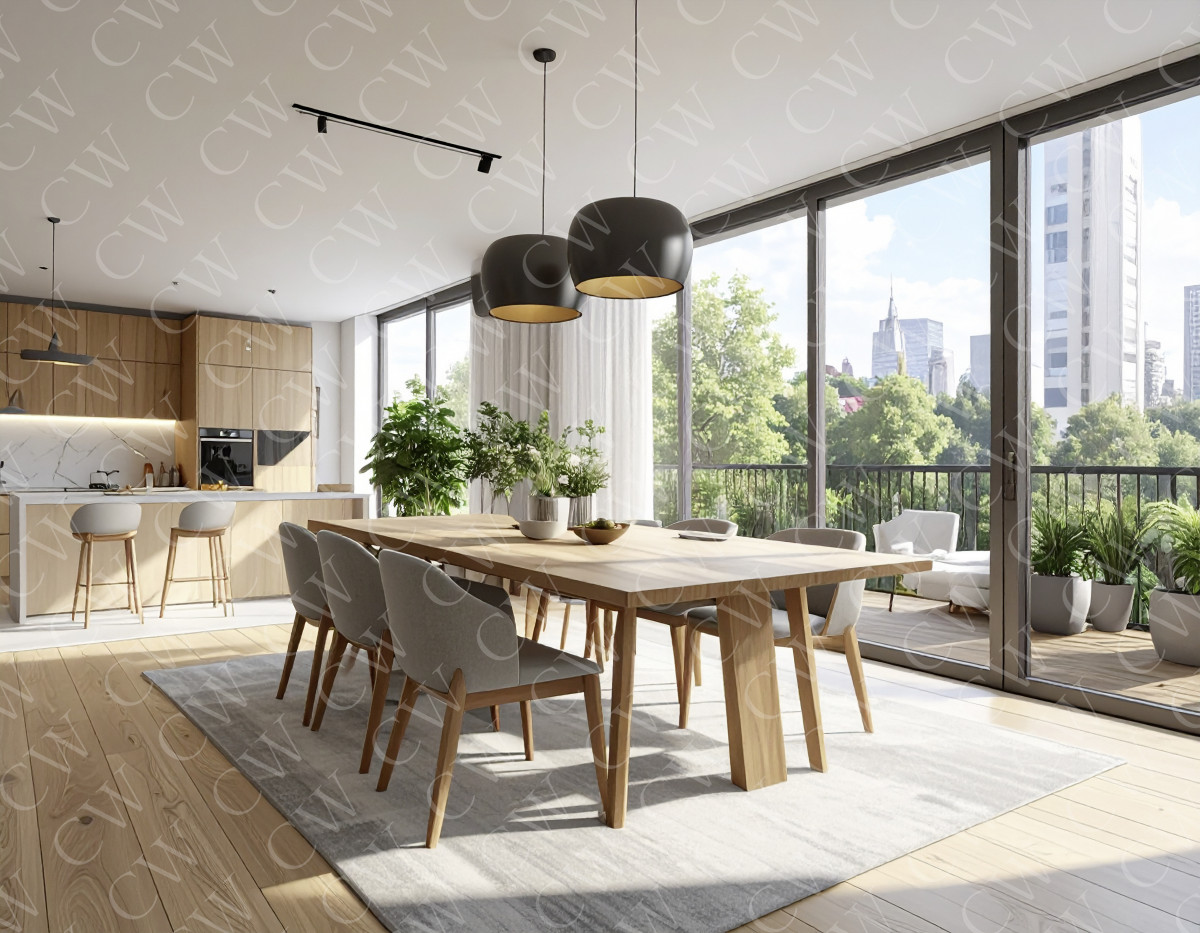 Helles, modernes Esszimmer mit Holz-Esstisch, Stühlen und offener Küche, große Fenster mit Blick auf die Stadt.