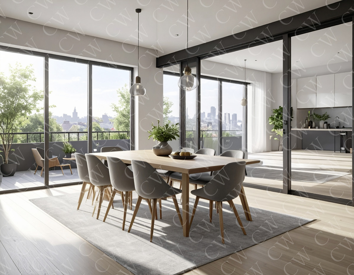 Lichtdurchflutetes, modernes Esszimmer mit Holztisch, grauen Stühlen und Stadtblick durch große Fenster.