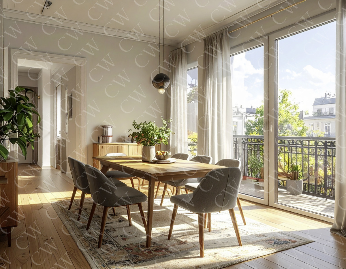 Helles Esszimmer mit Holztisch, grauen Stühlen, großem Fenster und Balkonzugang bei Tageslicht.