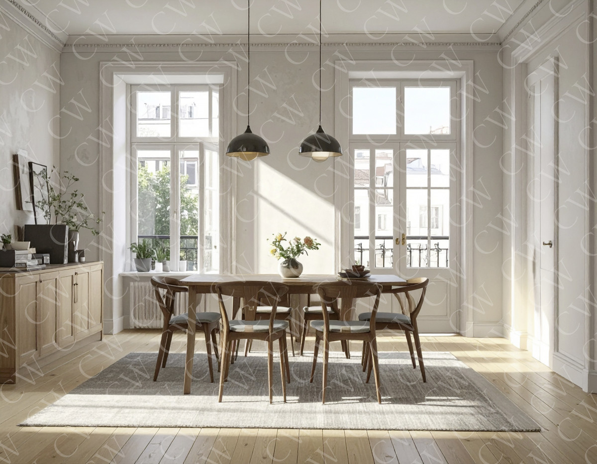 Moderner, lichtdurchfluteter Essbereich mit Esstisch und Holzstühlen vor großen Fenstern.