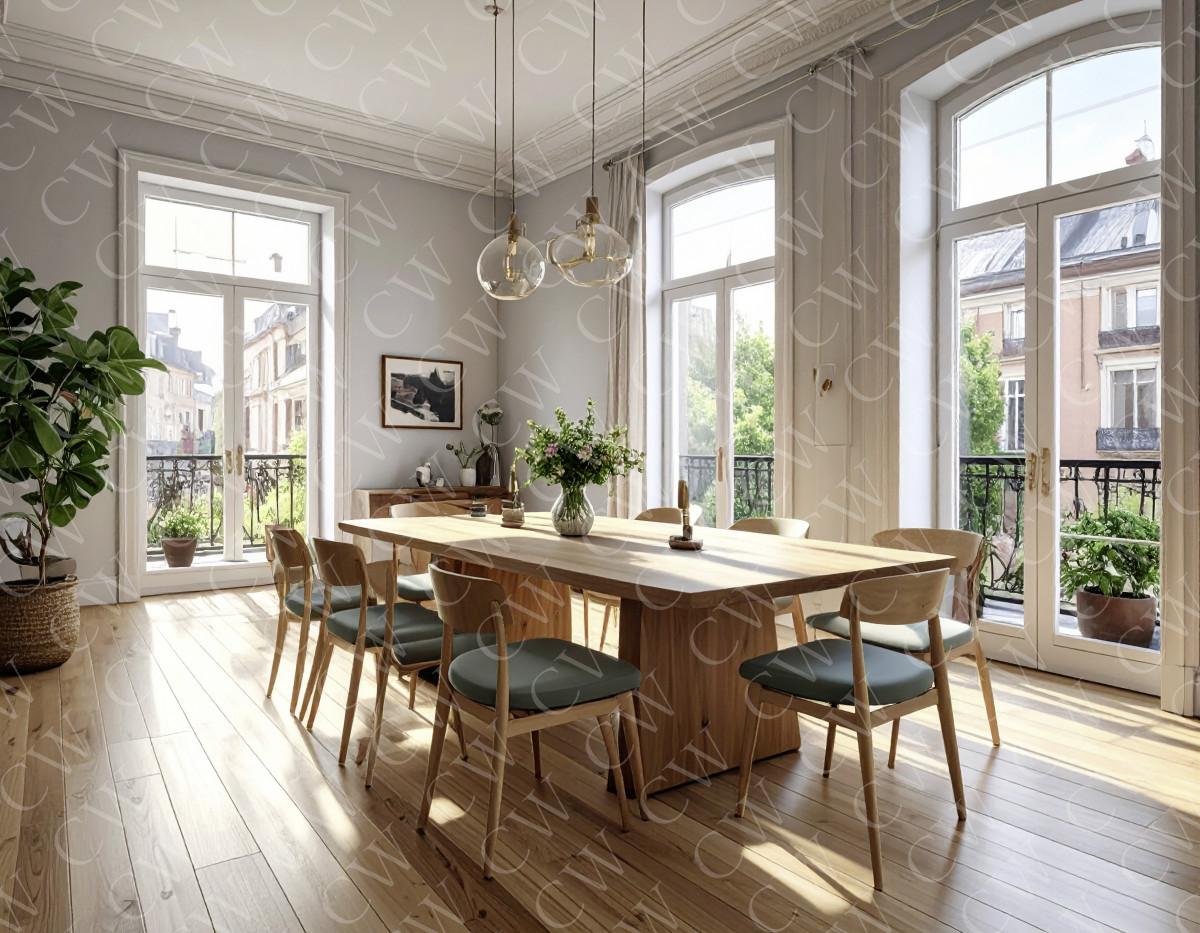 Modernes Esszimmer mit Holztisch, Stühlen und großen bodentiefen Fenstern.