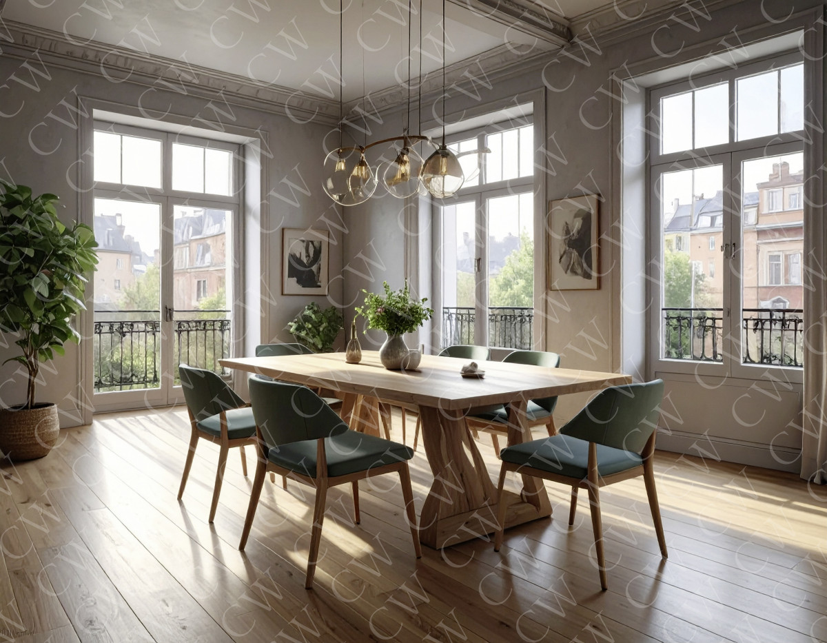 Moderner Essbereich mit großem Holztisch, grünen Stühlen und viel Tageslicht durch große Fenster.