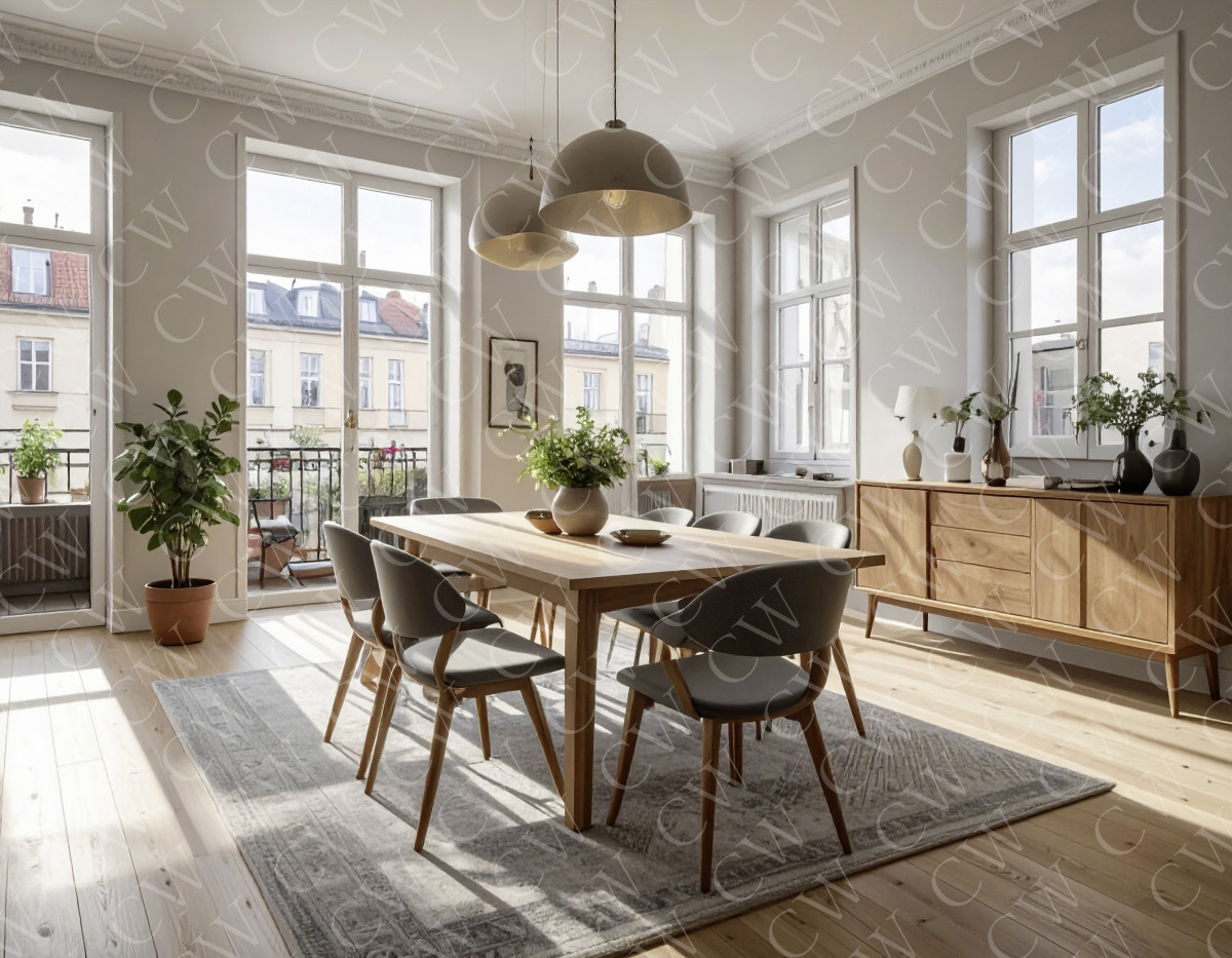 Modernes, lichtdurchflutetes Esszimmer mit Holztisch, Stühlen und großen Fenstern.