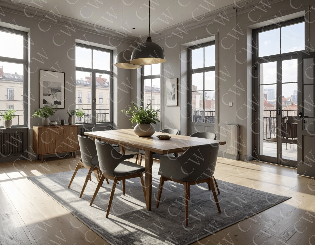 Helles, modernes Esszimmer mit Holztisch, sechs Stühlen und großen Fenstern.