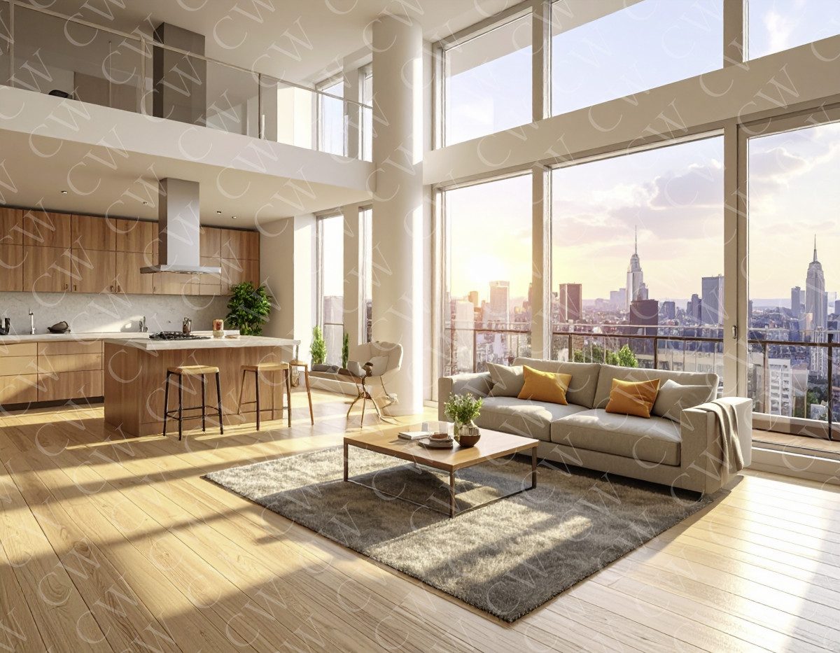 Helles, modernes Loft mit großer Fensterfront, offener Küche und Blick auf die Skyline bei Sonnenuntergang.