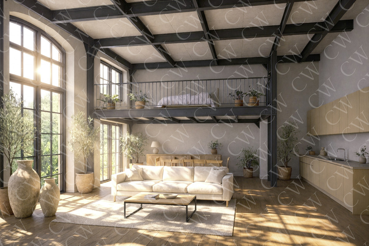 Modern eingerichtetes Loft mit großen Fenstern, Galerie und offener Wohnküche bei Tageslicht.