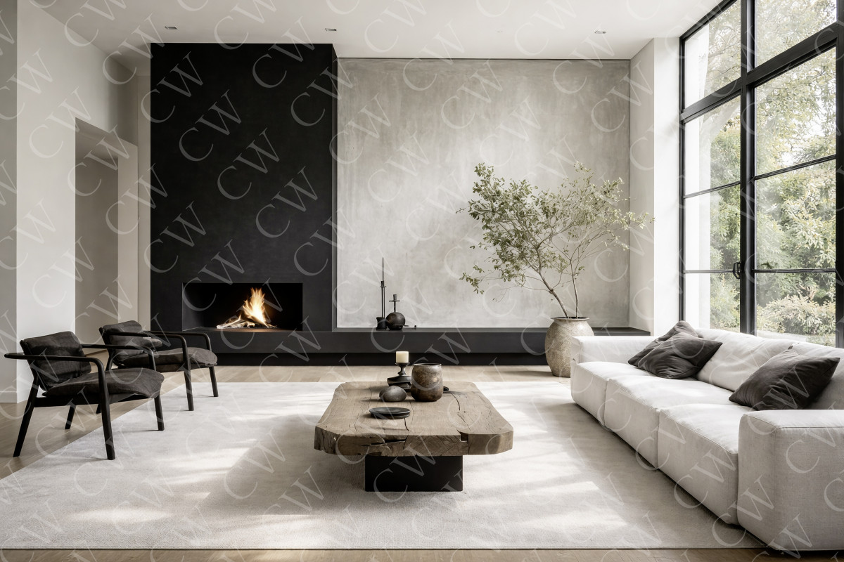 Modern eingerichtetes Wohnzimmer mit Kamin, Holztisch, Sofa und großen Fenstern.