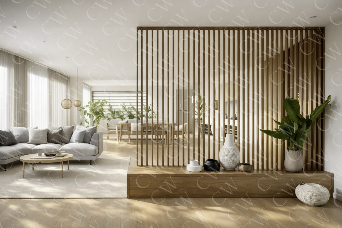 Helles Wohnzimmer mit Holzraumteiler, Sofa, Zimmerpflanzen und skandinavischem Einrichtungsstil.