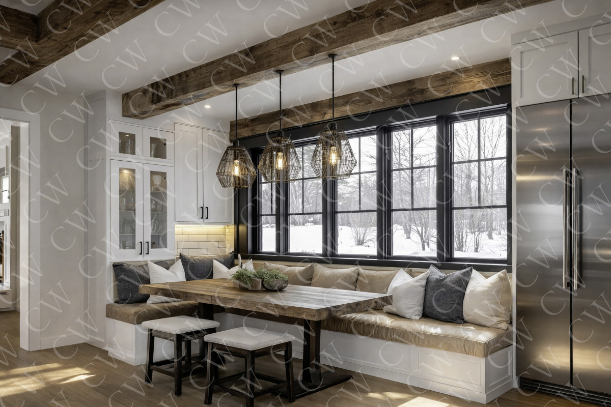 Gemütliche Wohnküche mit Sitzbank, Holztisch, Holzbalken und großen Fenstern